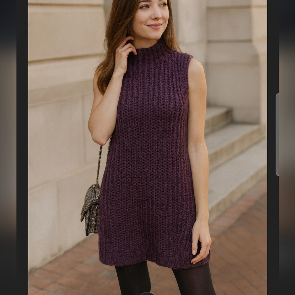 BCBGeneration Sleeveless Tunic Sweater Side Ties Mock Neck In Plum Purple